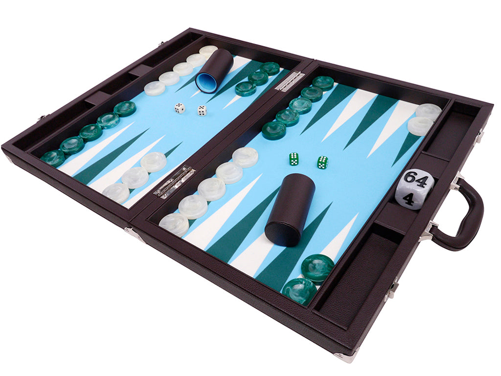 21" Professional Tournament Backgammon Set, Wycliffe Brothers - Brown Case, Light Blue Field - Masters Edition - American-Wholesaler Inc.