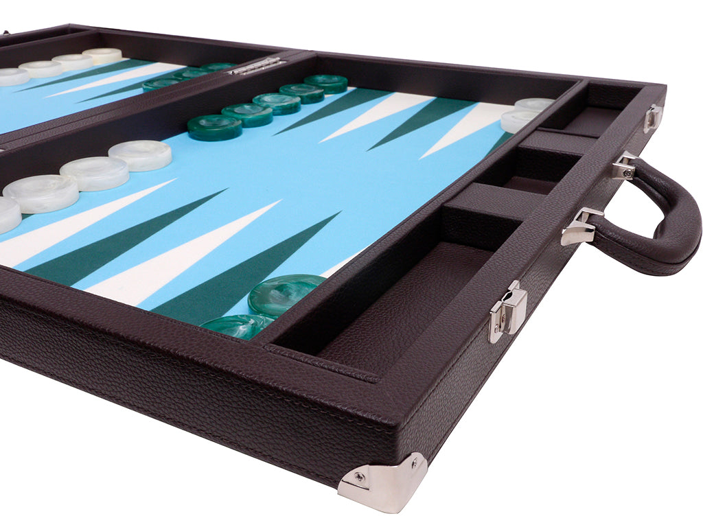 21" Professional Tournament Backgammon Set, Wycliffe Brothers - Brown Case, Light Blue Field - Masters Edition - American-Wholesaler Inc.