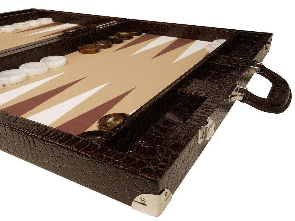 21" Professional Tournament Backgammon Set, Wycliffe Brothers - Brown Croco Case, Beige Field - Gen III - American-Wholesaler Inc.