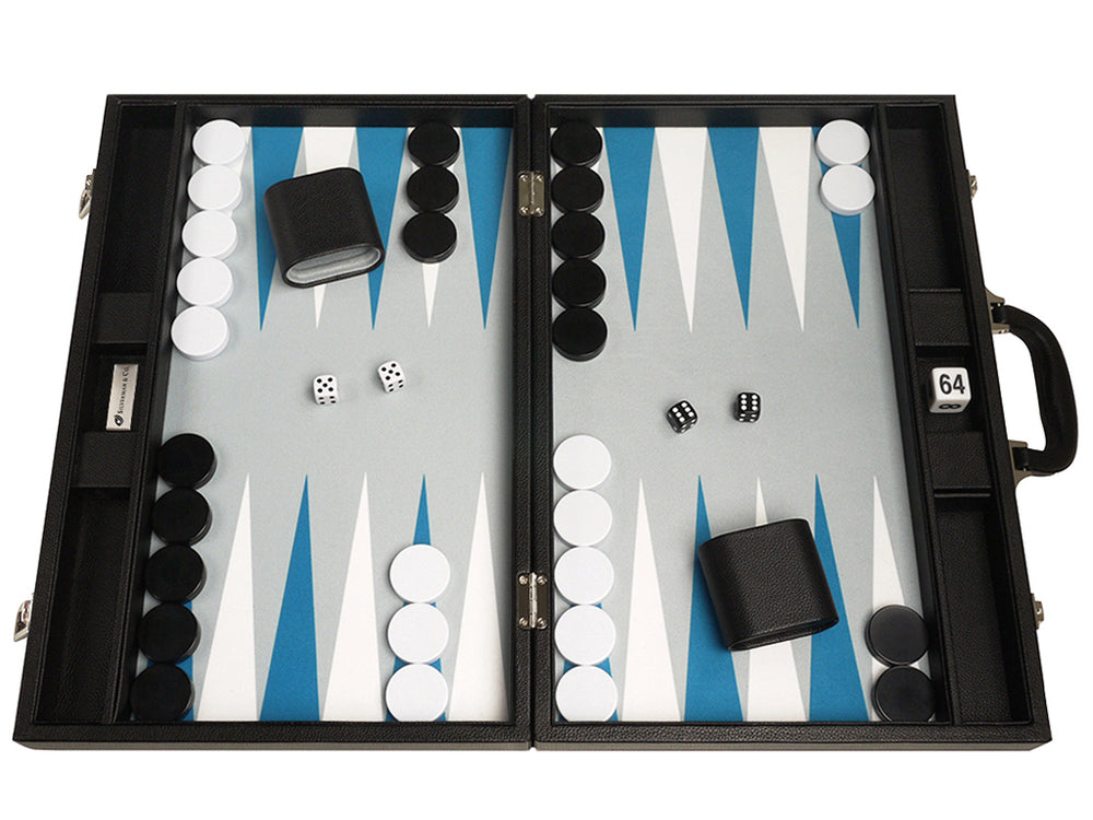 19-inch Premium Backgammon Set - Black Board with White and Astral Blue Points - GBP - American-Wholesaler Inc.