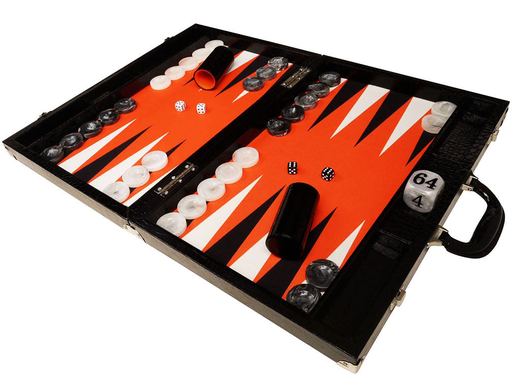 21" Tournament Backgammon Set, Wycliffe Brothers - Black Croco Case, Orange Field - Gen III - American-Wholesaler Inc.