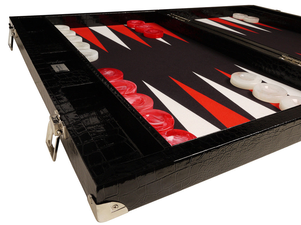 21" Tournament Backgammon Set, Wycliffe Brothers - Black Croco Case, Black Field - Gen III - American-Wholesaler Inc.