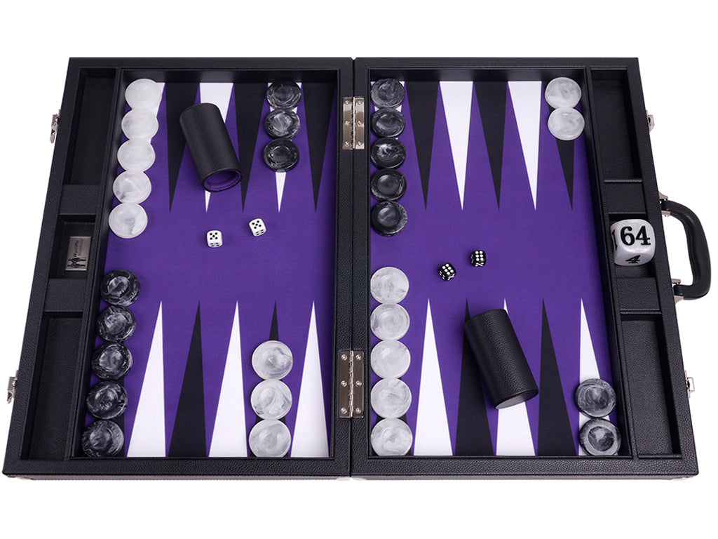 21" Professional Tournament Backgammon Set, Wycliffe Brothers - Black Case, Purple Field - Masters Edition - American-Wholesaler Inc.