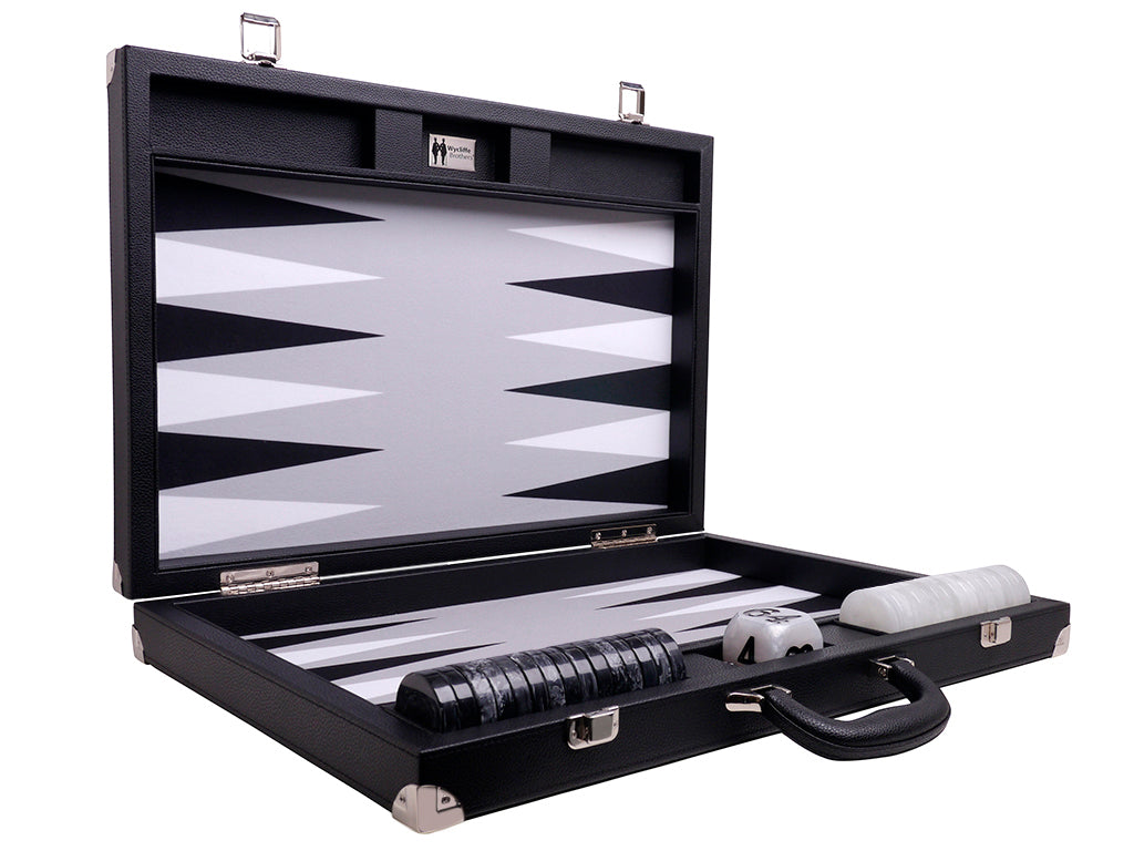 21" Professional Tournament Backgammon Set, Wycliffe Brothers - Black Case, Grey Field - Masters Edition - American-Wholesaler Inc.