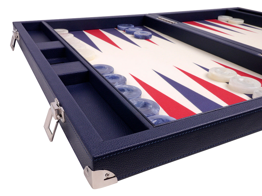 21" Professional Tournament Backgammon Set, Wycliffe Brothers - Blue Case, Vanilla Field - Masters Edition - American-Wholesaler Inc.