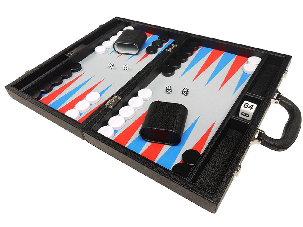 16-inch Premium Backgammon Set - Black with Scarlet Red and Patriot Blue Points - GBP - American-Wholesaler Inc.