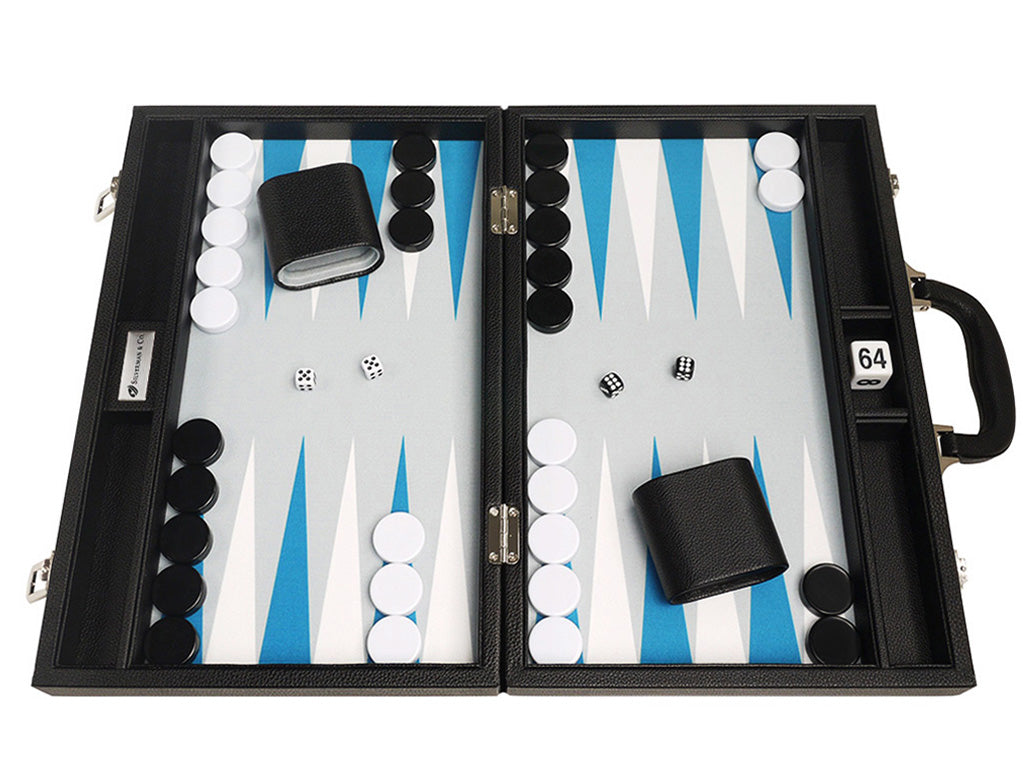 16-inch Premium Backgammon Set - Black with White and Astral Blue Points - American-Wholesaler Inc.
