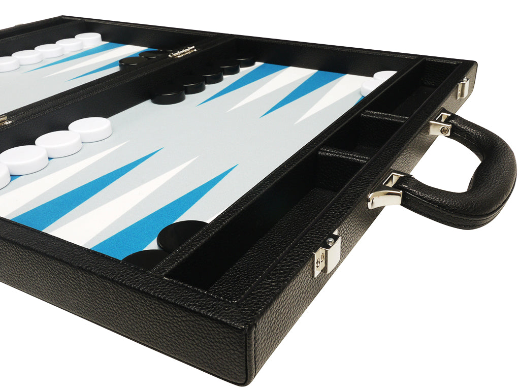 16-inch Premium Backgammon Set - Black with White and Astral Blue Points - American-Wholesaler Inc.