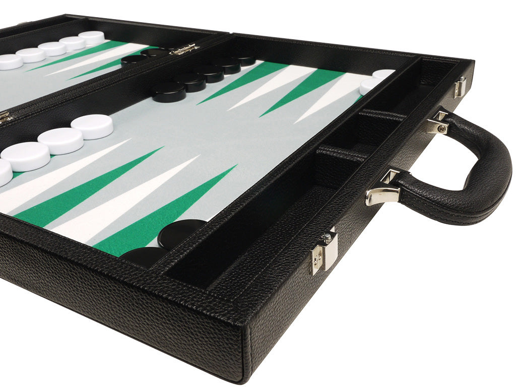 16-inch Premium Backgammon Set - Black Board with White and Green Points - American-Wholesaler Inc.