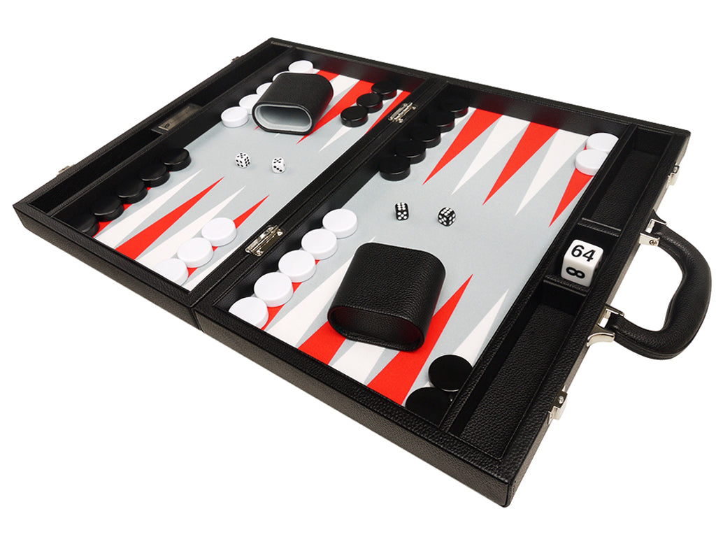 16-inch Premium Backgammon Set - Black with White and Scarlet Red Points - American-Wholesaler Inc.