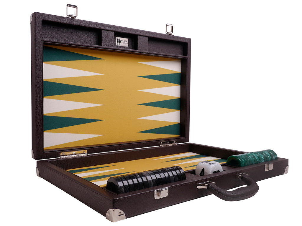 21" Professional Tournament Backgammon Set, Wycliffe Brothers - Brown Case, Mustard Field - Masters Edition - American-Wholesaler Inc.