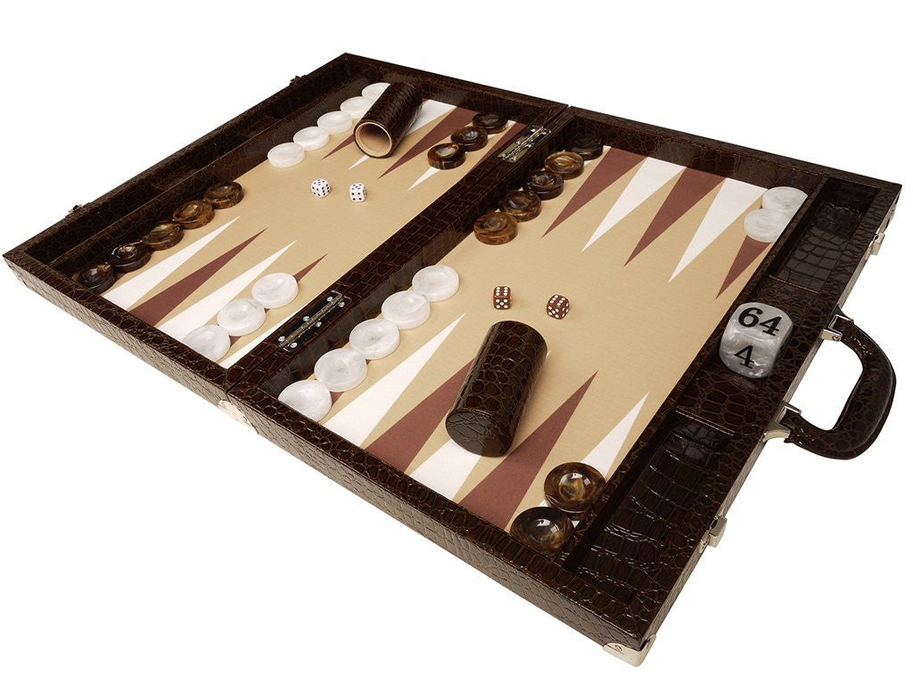 21" Professional Tournament Backgammon Set, Wycliffe Brothers - Brown Croco Case, Beige Field - Gen III - American-Wholesaler Inc.