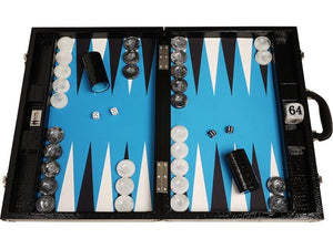 Backgammon compétition Wycliffe Brothers 3e génération croco noir, surface de jeu bleue