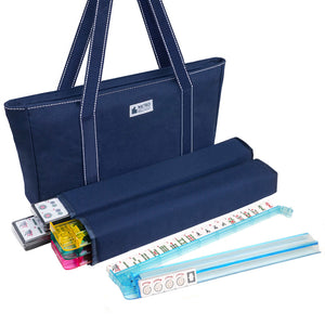 Metro Mah Jongg® Set - White Tiles - All-In-One Rack/Pushers - Blue Canvas Bag